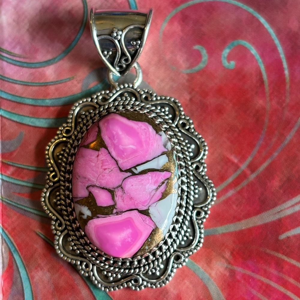 Beautiful Cotton Candy Turquoise 925 Sterling Silver 2” Long Pendant w/ Lg Bail